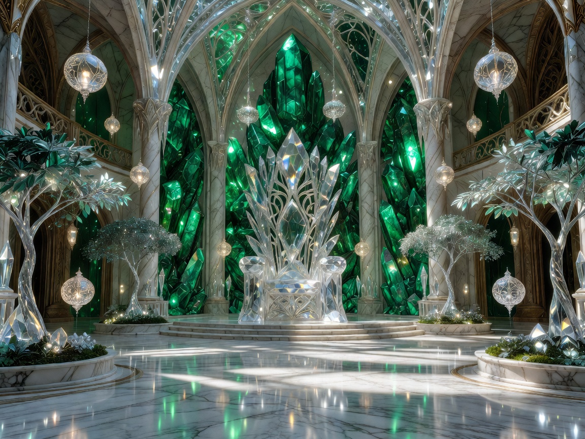 An elegant crystal throne court with glowing emerald crystals, white marble floors, magical trees, floating lanterns, enchanted gardens, and refined elven architecture in a cinematic fantasy art style.