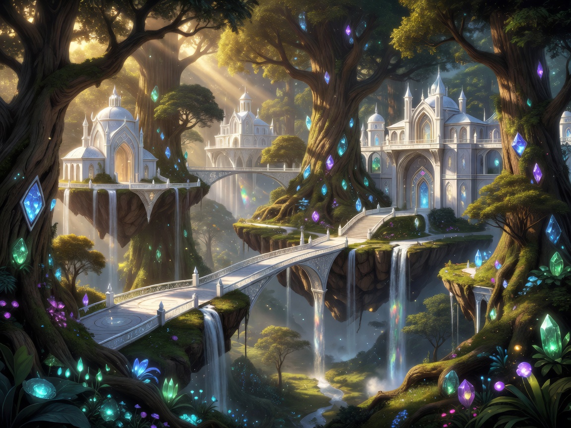 A magnificent floating elven kingdom built among enormous ancient trees, connected by elegant bridges, glowing crystals, waterfalls, white stone palaces, magical forests, and soft golden sunlight in a premium fantasy illustration.