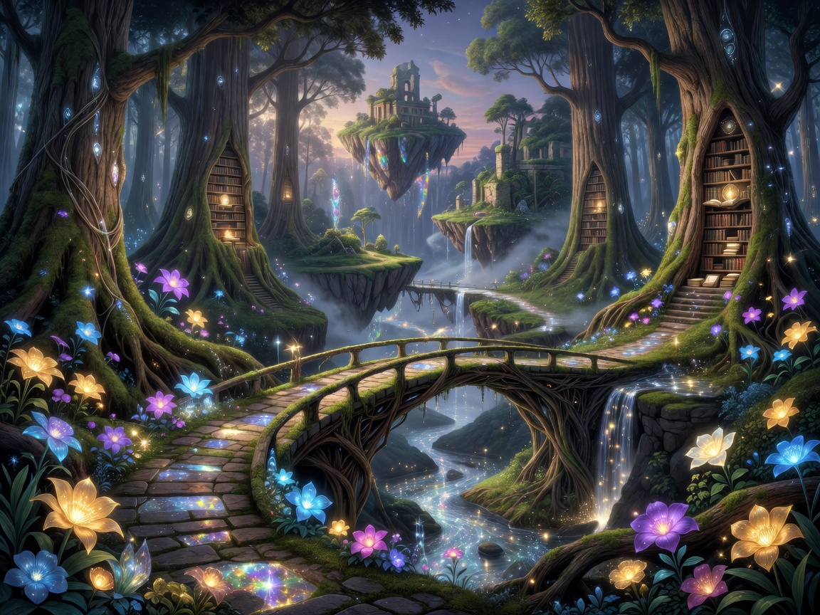 A peaceful sky bridge leading through enchanted forests with giant roots, glowing flowers, crystal streams, floating islands, magical libraries, and beautiful fantasy lighting.